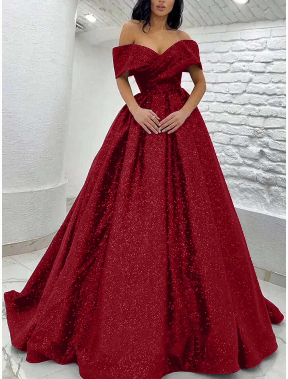 A-Line Prom Dresses Sparkle Black Champagne Gold Dress Tie Gala Sweep / Brush Train Short Sleeve Off Shoulder Sequined with Glitter Pleats 2025